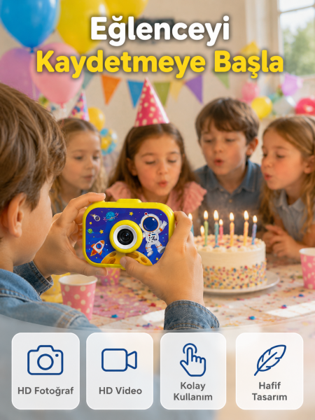 Şarjlı Çocuk Dijital Kamera Ön Arka Kamera Destekli HD Fotoğraf Video Çekimi Mini Tripodlu - Lisinya