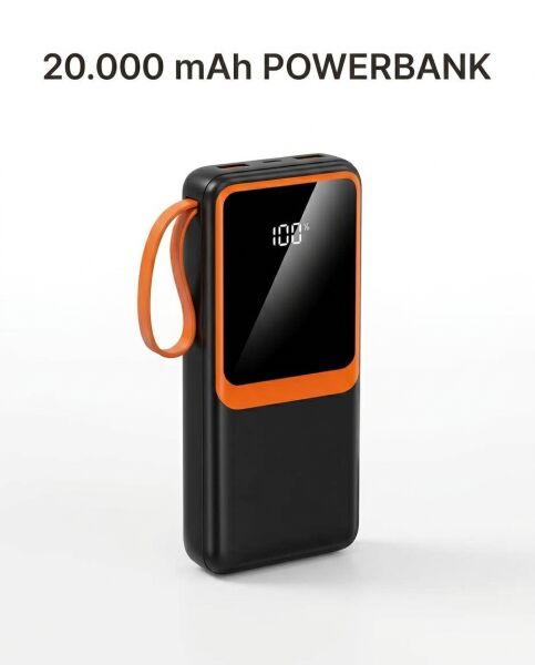 Telefon ve Mobil Cihaz Uyumlu 20000 mAh Powerbank Dahili Kablolu Dijital Göstergeli