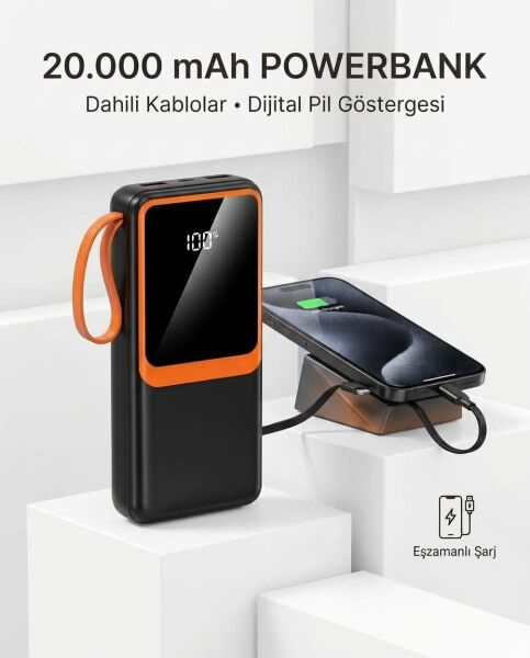 Telefon ve Mobil Cihaz Uyumlu 20000 mAh Powerbank Dahili Kablolu Dijital Göstergeli
