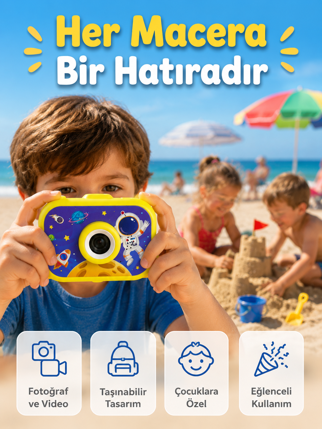 Çocuk Fotoğraf Makinesi HD Video Kayıt Özellikli 2.0 İnç Ekranlı Type-C Şarjlı Dijital Kamera - Lisinya