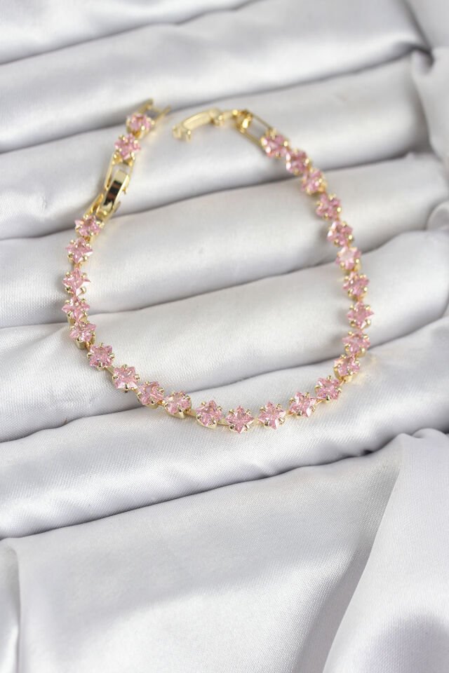Pembe Kare Zirkon Taşlı Gold Renk Pirinç Su Yolu Kadın Bileklik - Lisinya
