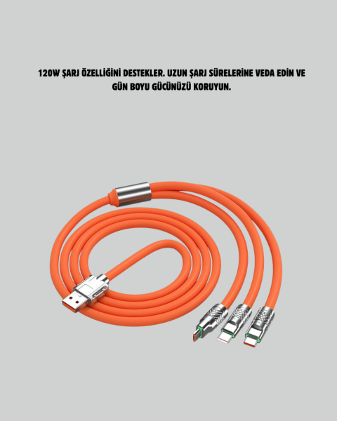 3’ü 1 Arada Kablo – 120W Hızlı Şarj ve Veri Aktarımı Özellikli