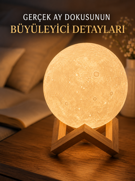 3D Ay Gece Lambası Ahşap Standlı Dekoratif LED Masa Lambası