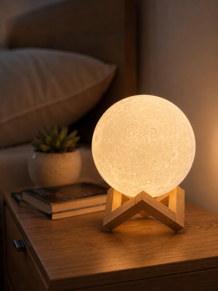 3D Ay Gece Lambası Ahşap Standlı Dekoratif LED Masa Lambası
