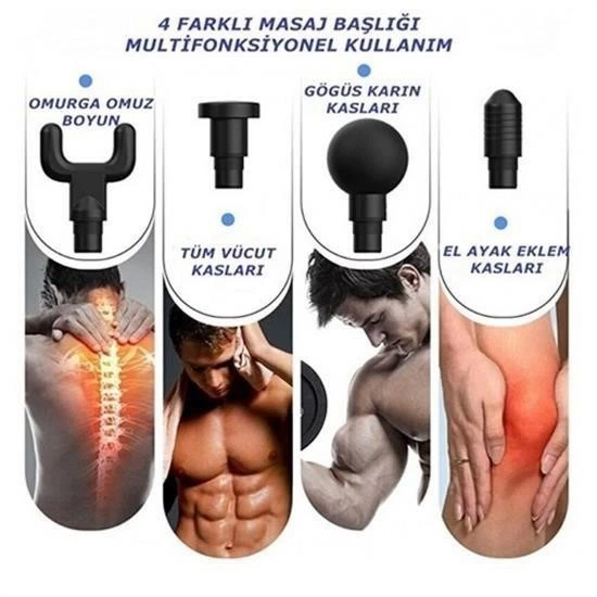 4 Başlıklı 6 Seviye Hız Ayarlı Vurmalı Kas Yoğurmalı Titreşimli Masaj Tabancası Aleti ( Lisinya )