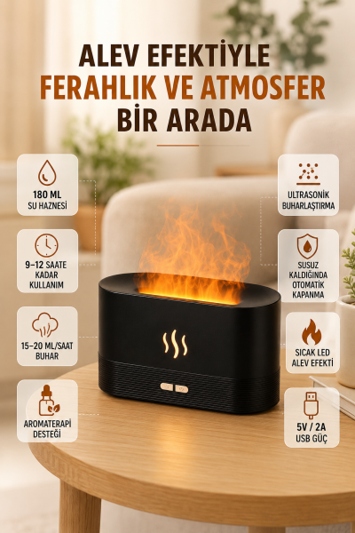LED Alev Efektli Hava Nemlendirici 9 12 Saat Kullanımlı Aroma Difüzörü - Lisinya