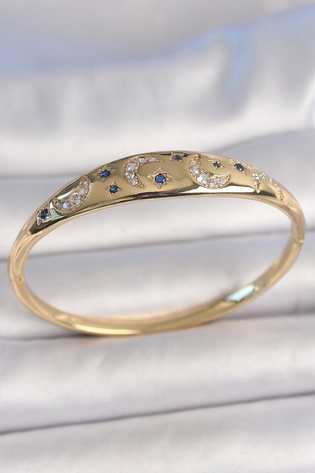 Pirinç Gold Renk Zirkon Taşlı Hilal İşleme Mavi Taşlı Yıldız Detay Kadın Kelepçe - Lisinya