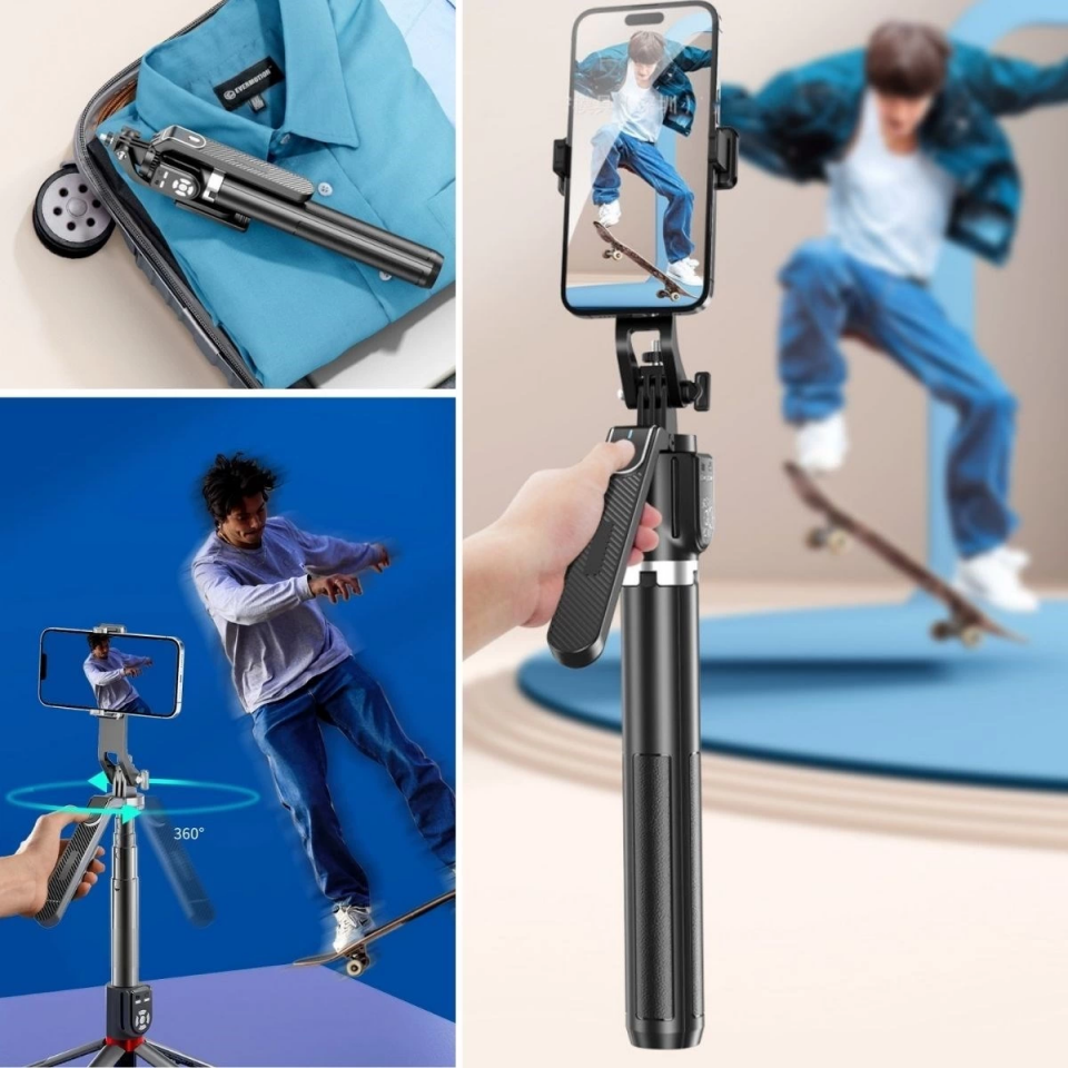 360 Derece Dönebilen Cep Telefonu Ve Kamera Tripodu 2.2m Uzayabilen Selfie Çubuğu
