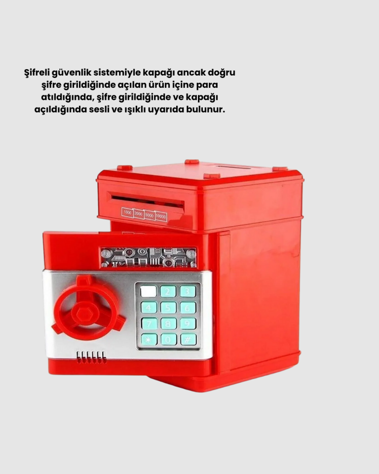 Şifreli Kırmızı ATM Tasarımlı Çelik Kasa Görünümlü Kumbara - Lisinya