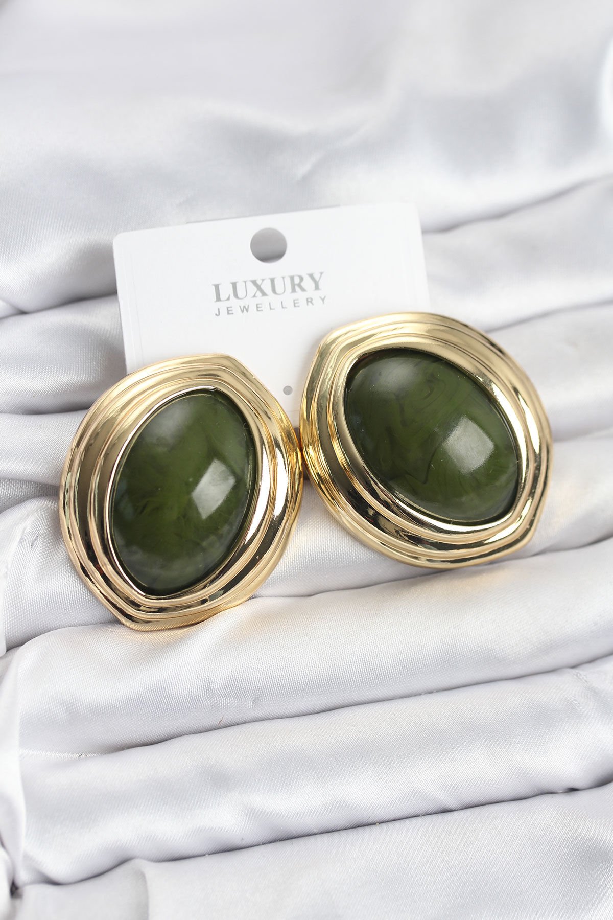Pirinç Yeşil Badem Model Vintage Gold Kadın Küpe - Lisinya