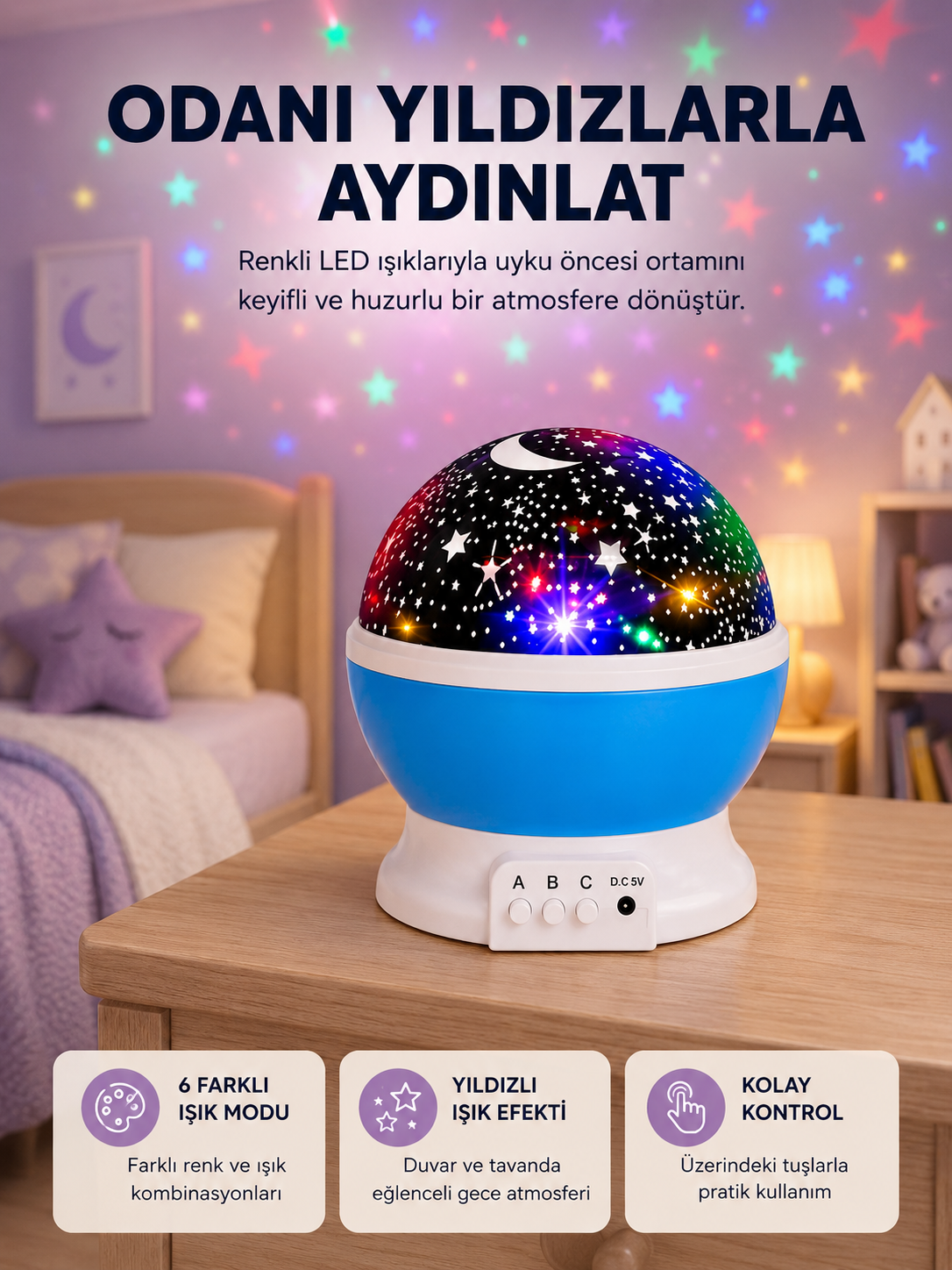 Renkli LED Gece Lambası 6 Işık Modlu Çocuk Odası Atmosfer Aydınlatma - Lisinya