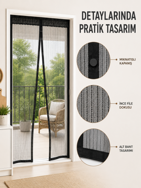 Mıknatıslı Kapı Sinekliği Otomatik Kapanan Siyah File Balkon ve Teras Sinekliği - Lisinya