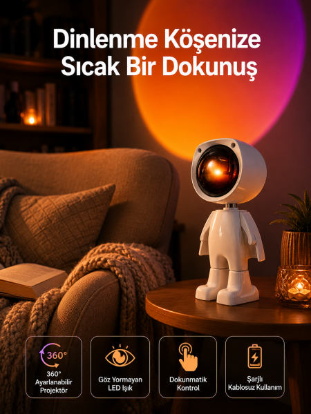 180 Derece Dönebilen Astronot Masa ve Gece Lambası Projektör - Lisinya