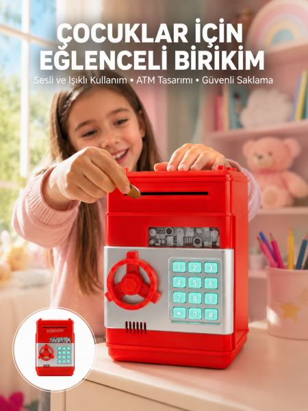 Şifreli Kırmızı ATM Tasarımlı Çelik Kasa Görünümlü Kumbara - Lisinya