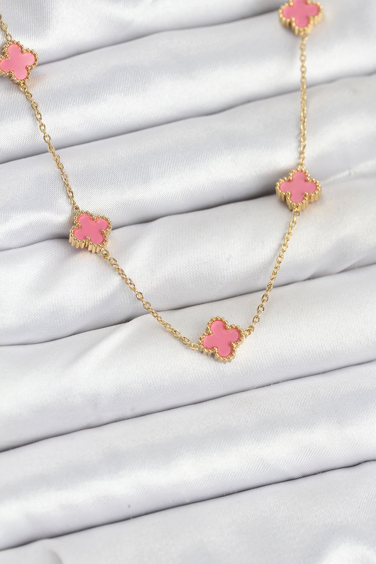 316L Çelik Zincir Gold Renk Pembe Baby Boy Yonca Kadın Kolye - Lisinya