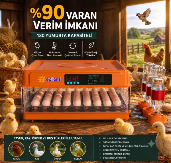 Tam Otomatik Kuluçka Makinesi 130 Yumurta Kapasiteli - Akıllı Isı ve Nem Kontrollü, Ayarlanabilir Viyol, Otomatik Su Sistemli ( Lisinya )