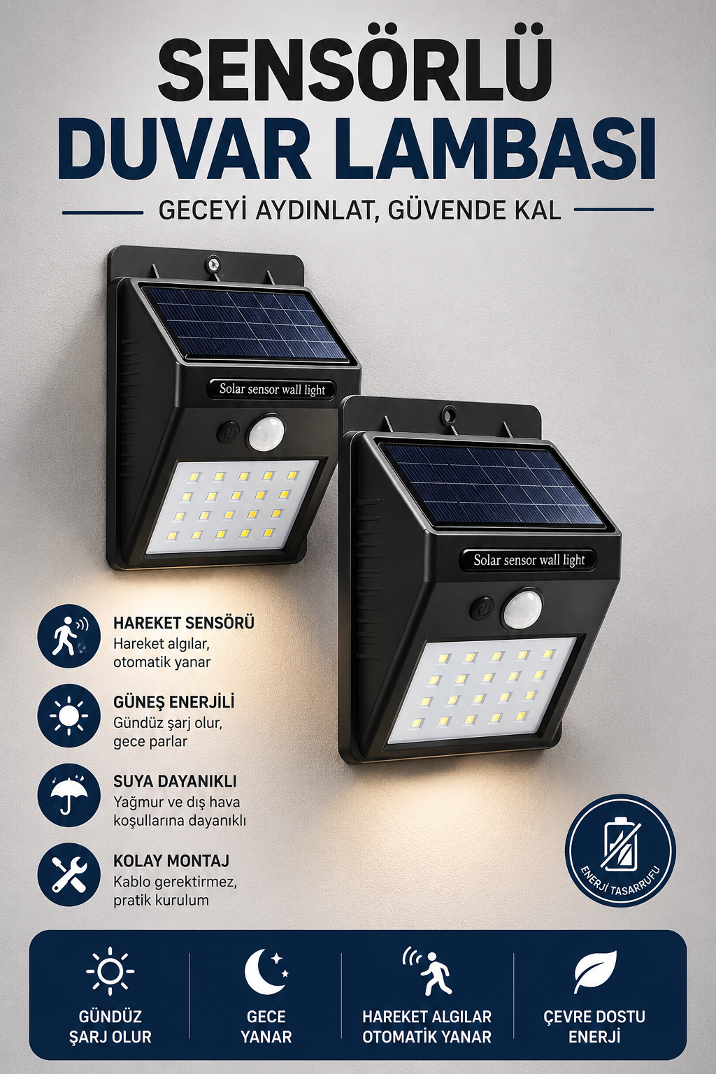 Solar Sensörlü Duvar Lambası Bahçe Lamba 20 Led Işık - Lisinya