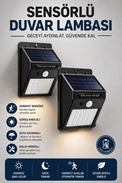 Solar Sensörlü Duvar Lambası Bahçe Lamba 20 Led Işık - Lisinya