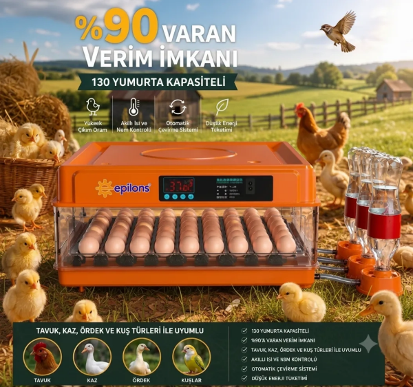 Tam Otomatik Kuluçka Makinesi 130 Yumurta Kapasiteli | Akıllı Isı ve Nem Kontrolü | Otomatik Yumurta Çevirme | Otomatik Su Sistemi | Ayarlanabilir Viyol ( Lisinya )