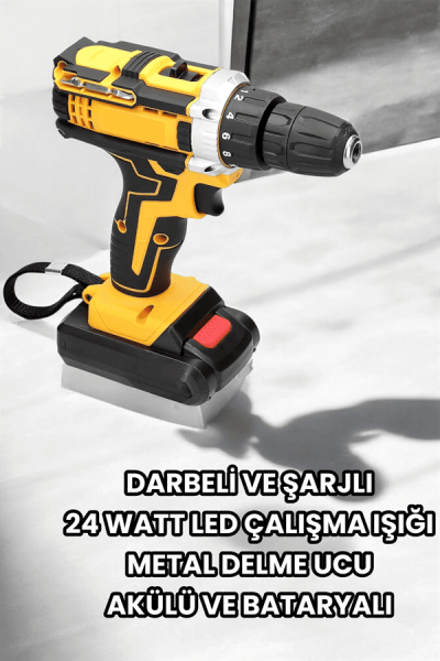 Metal Dişli 24W Akülü Matkap -Çift Bataryalı ve LED Çalışma Işığı ile Tam Set