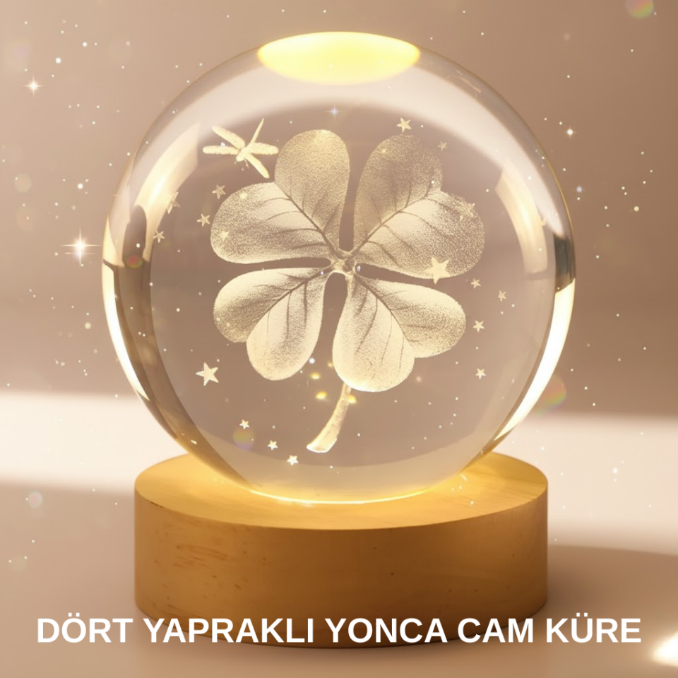 Bitki Temalı LED Işıklı Cam Küre Ahşap Standlı Modern Gece Lambası - Lisinya