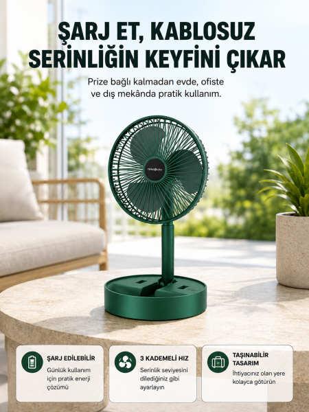 Katlanabilir Şarjlı Mini Fan 3 Kademeli Hız Ayarlı Taşınabilir - Lisinya