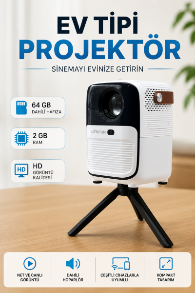 Projector Ev Tipi 64 Gb 2 Gb Rem Hafıza Hd Görüntü Kumandalı - Lisinya