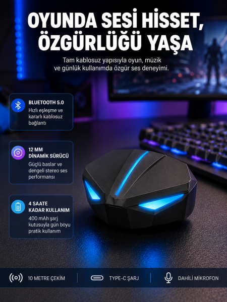 Tam Kablosuz Oyuncu Kulaklığı 5.0 Bluetooth LED Kontrollü Yeni Nesil - Lisinya