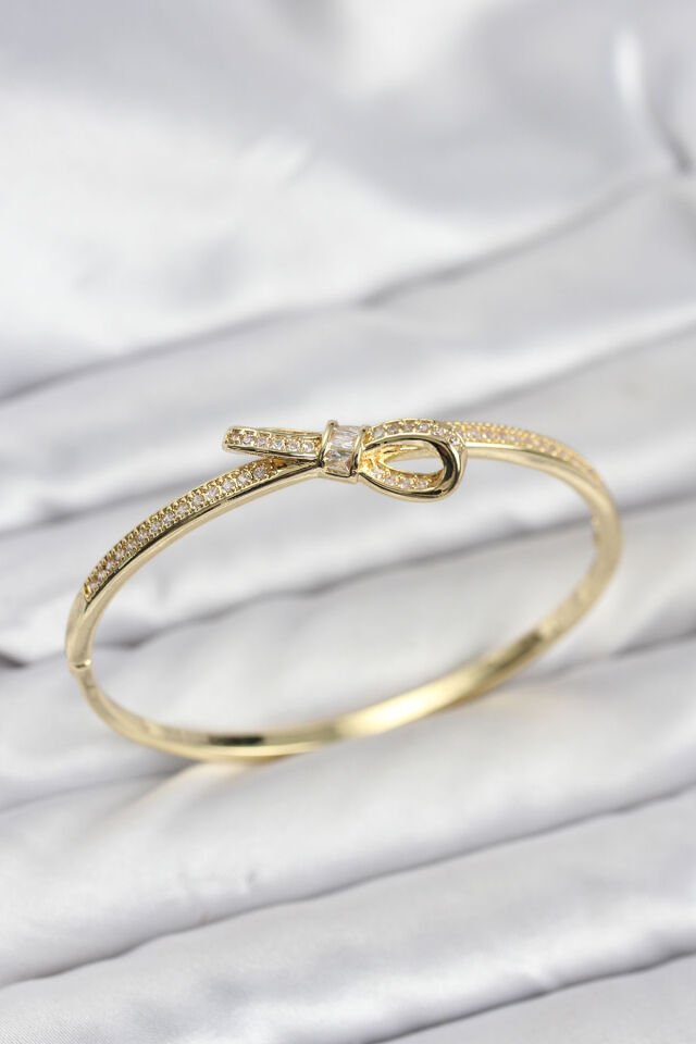 Pirinç Gold Renk Zirkon Taşlı Fiyonk Model Kadın Kelepçe Bileklik - Lisinya