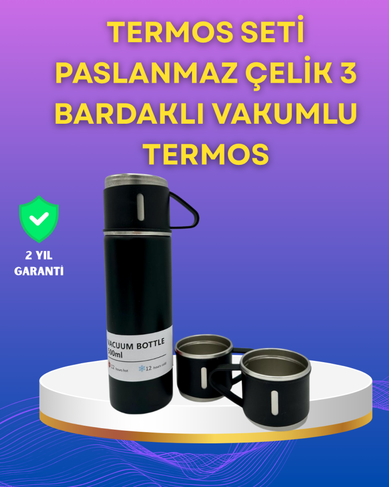 Çelik Termos Bardak Seti | 500 ml Kapasite, Kaymaz Taban, Hediye Kutulu - Lisinya