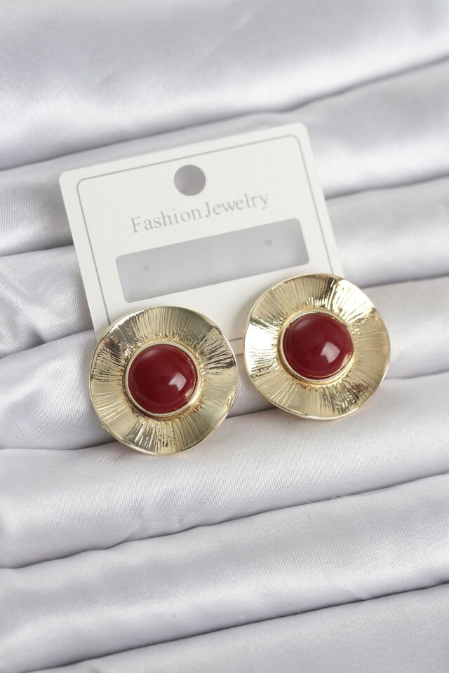Vintage Model Bordo Gold Renk Pirinç Kadın Küpe - Lisinya
