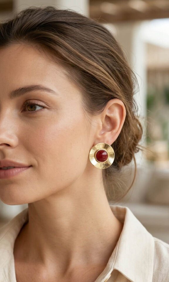 Vintage Model Bordo Gold Renk Pirinç Kadın Küpe - Lisinya