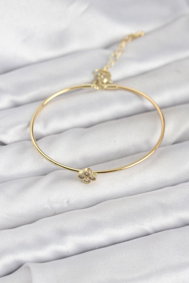 Zirkon Taşlı Yonca Model Gold Renk Kadın Bileklik - Lisinya