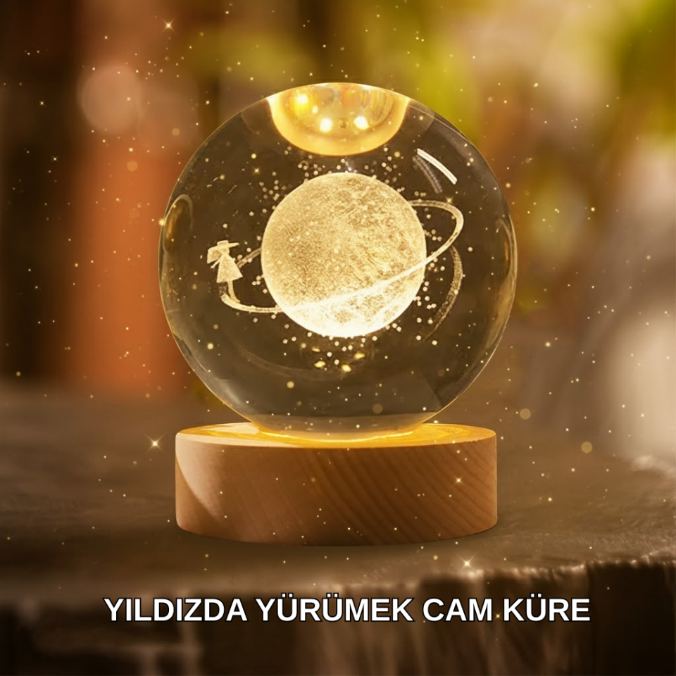 Ahşap Standlı Sarı Işıklı Dekoratif Küre Kız Figürü Tasarım - Lisinya