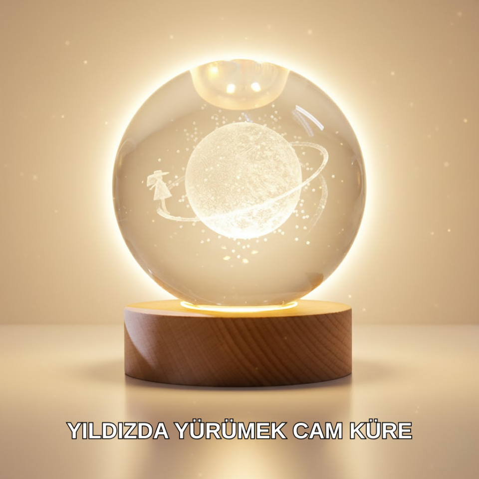 Ahşap Standlı Sarı Işıklı Dekoratif Küre Kız Figürü Tasarım - Lisinya