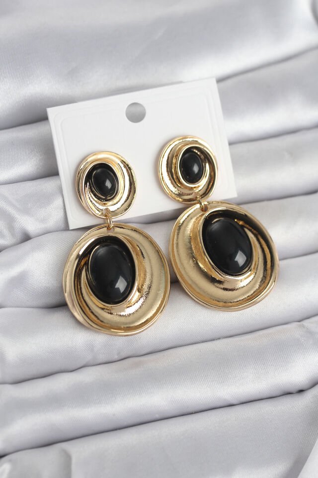 Siyah Sallantılı Damla Model Gold Renk Vintage Kadın Küpe - Lisinya