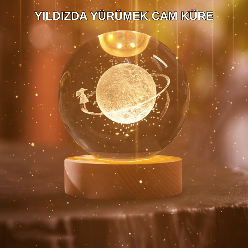 Kız Figürlü Sarı Cam Küre Işıklı Büyük Boy Ahşap Standlı Dekor - Lisinya