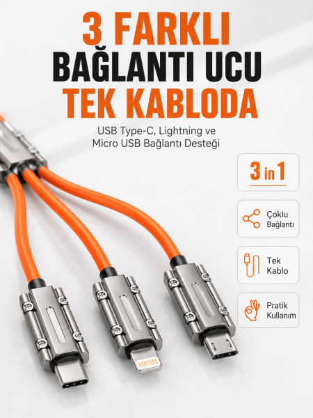 Çinko Alaşımlı Metal Konnektörlü Dayanıklı 6A Hızlı Şarj Kablosu - Lisinya