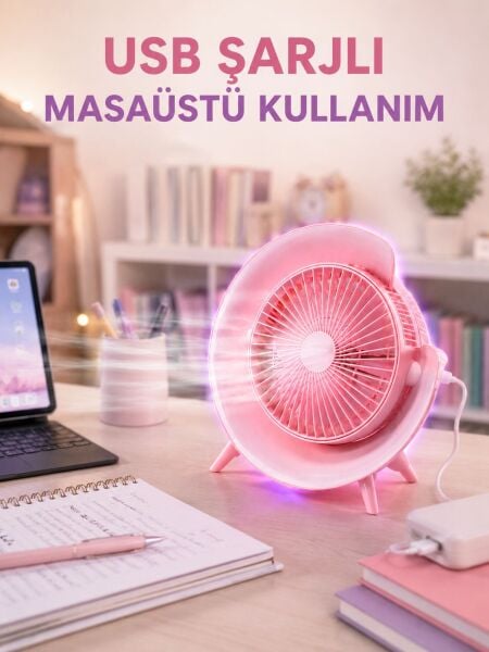 Gece Lambası Özellikli Şarjlı Mini Masaüstü Fan - Lisinya