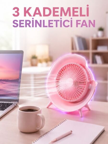 RGB Işıklı 3 Kademeli USB Şarjlı Masaüstü Vantilatör - Lisinya