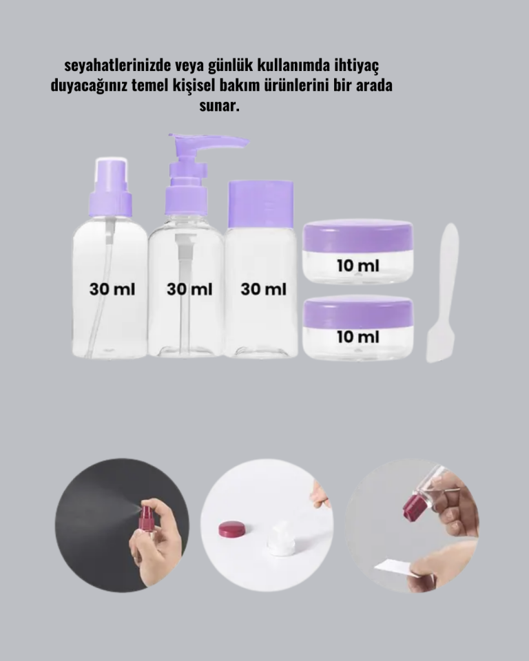 Taşınabilir 5’li Seyahat Banyo Seti Şampuanlık Sprey Krem Kutusu - Lisinya