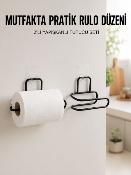 2’li Siyah Metal Rulo Kağıt Tutucu Yapışkanlı Banyo ve Mutfak Kağıtlık