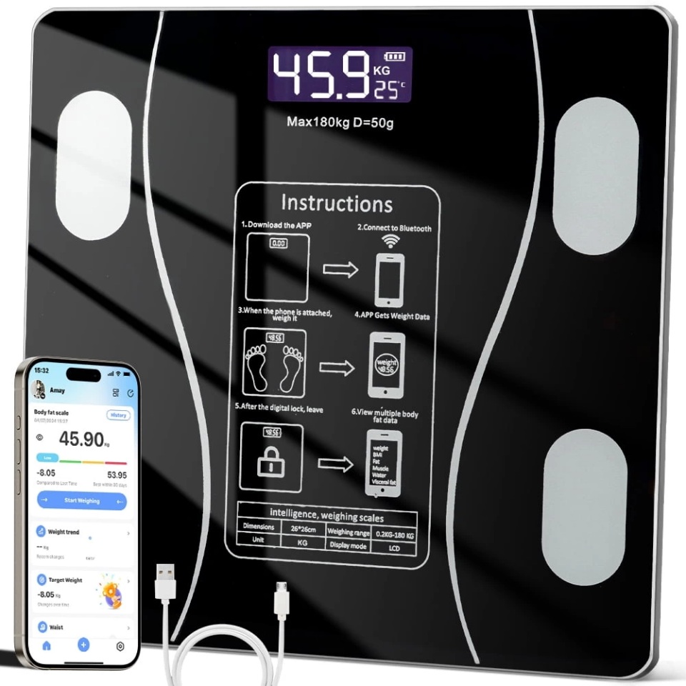 Akıllı Kablosuz Dijital Banyo Ve Vücut Yağ Ağırlık Ölçeği Vücut Kompozisyonu Analizörü Bluetoothlu Tartı ( Lisinya )