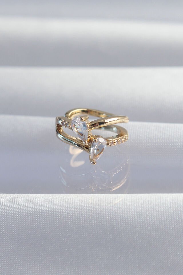 Pirinç Gold Renk Zirkon Taşlı Damla Earcuff Küpe - Lisinya