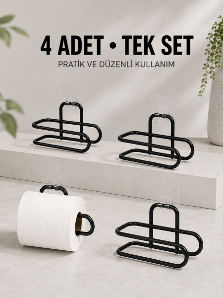 Duvara Yapışkanlı WC Kağıtlık Siyah Metal 4 Adet Tuvalet Kağıdı Rulo Askısı