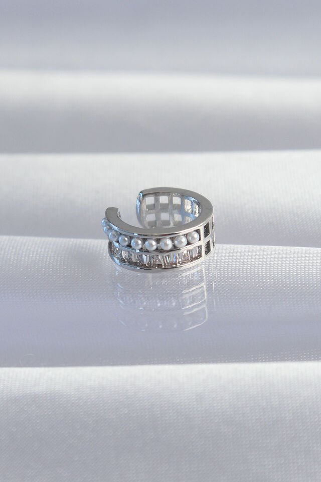 Pirinç Gümüş Renk İncili Baget Taşlı Earcuff Küpe - Lisinya