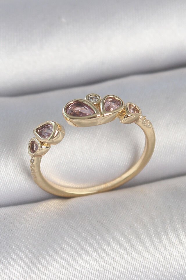 Pirinç Gold Renk Pembe Damla Zirkon Taşlı Ayarlanabilir Kadın Yüzük - Lisinya