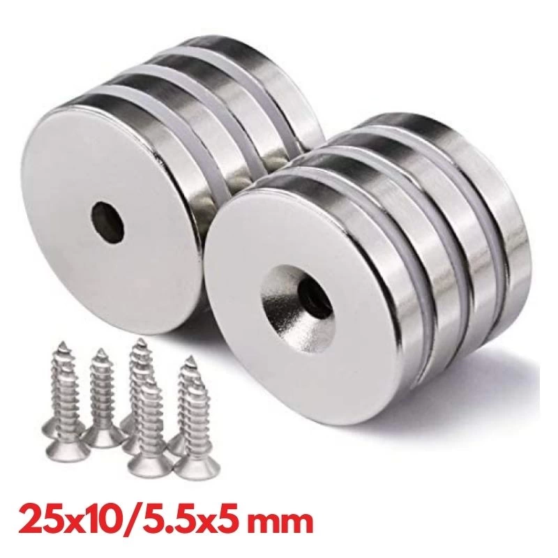 2 Adet 25x10/5x5,5 mm Neodyum Mıknatıs Havşa Delikli Magnet Vida Atılabilir N35 Nikel Paslanmaz ( Lisinya )