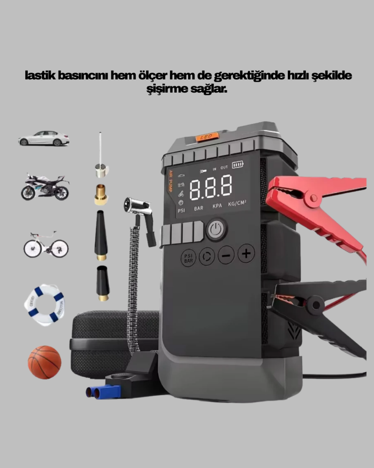 Taşınabilir Akü Takviye Cihazı Işıklı Hava Kompresörü Powerbank - Lisinya