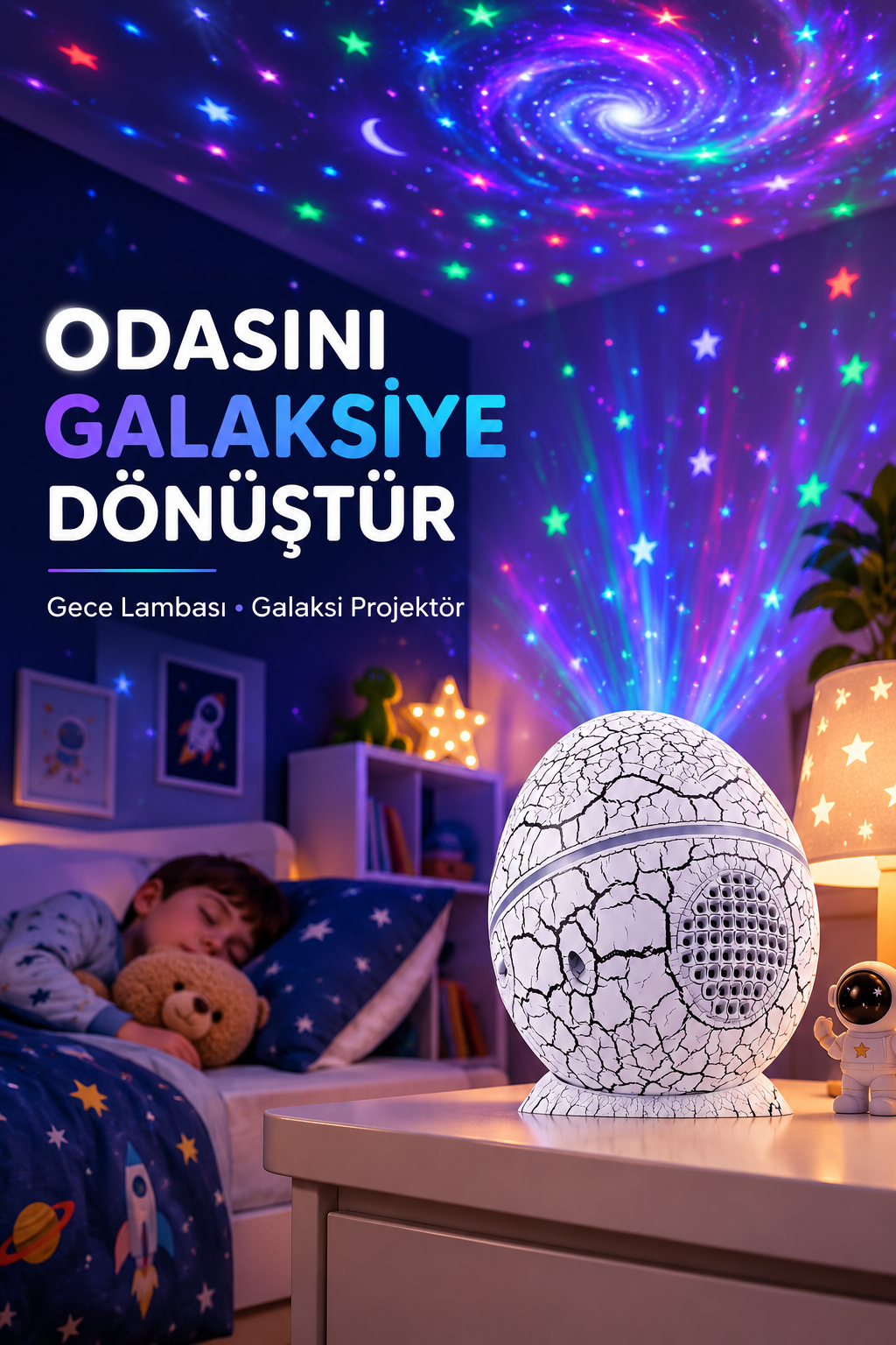 Dinozor Yumurtası Galaksi Projektör Gece Lambası 4'ü 1 Arada – Bluetooth Hoparlörlü - Lisinya